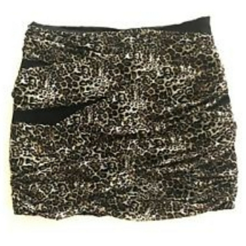 Bebe Mini Skirt Leopard Print Crepe Brown M